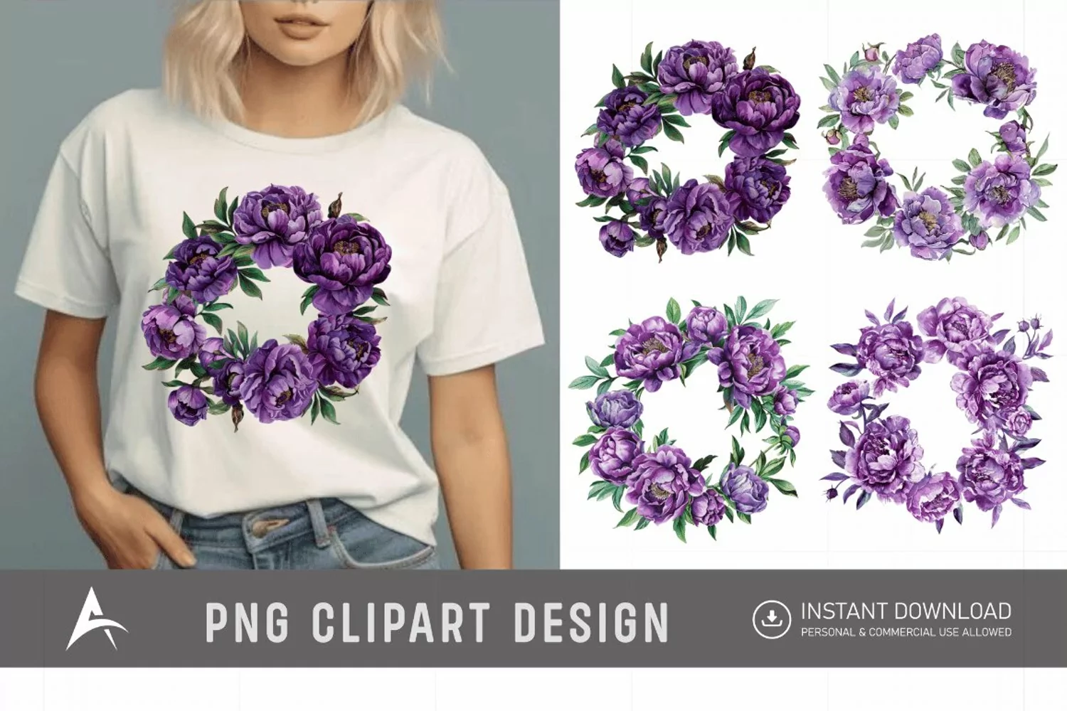 Watercolor Purple Peony Wreath Clipart product image 1