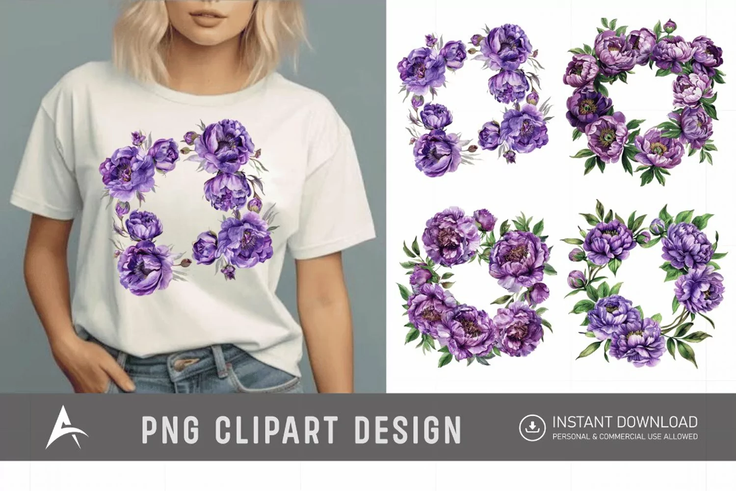 Watercolor Purple Peony Wreath Clipart product image 1