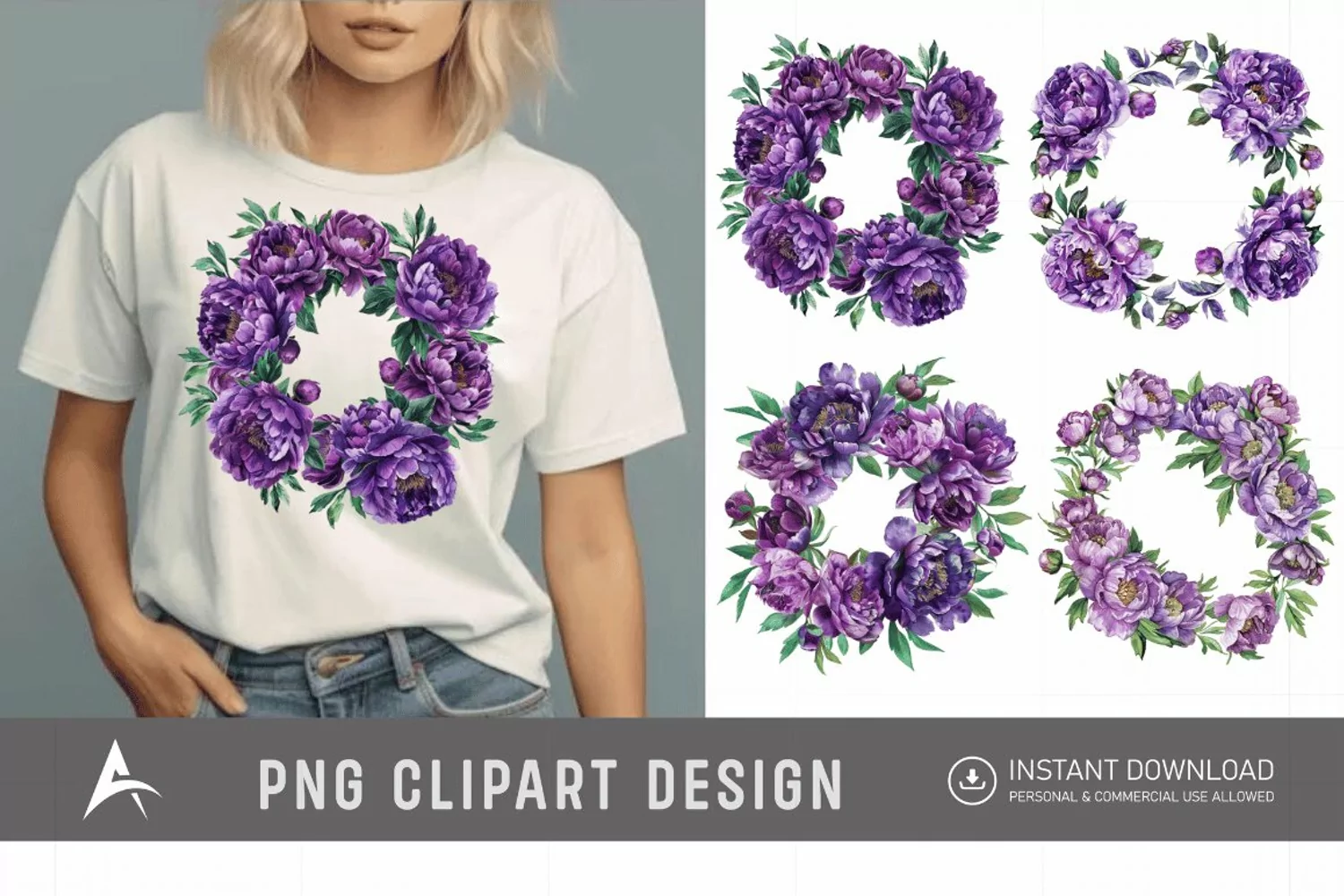 Watercolor Purple Peony Wreath Clipart product image 1