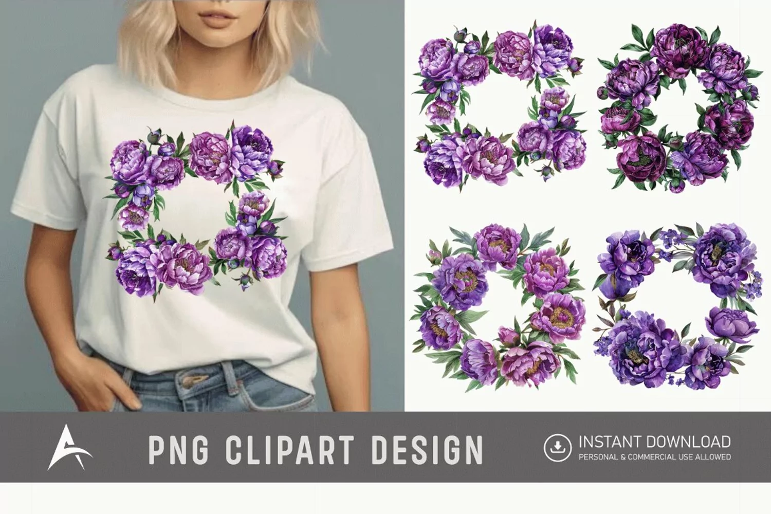Watercolor Purple Peony Wreath Clipart product image 1