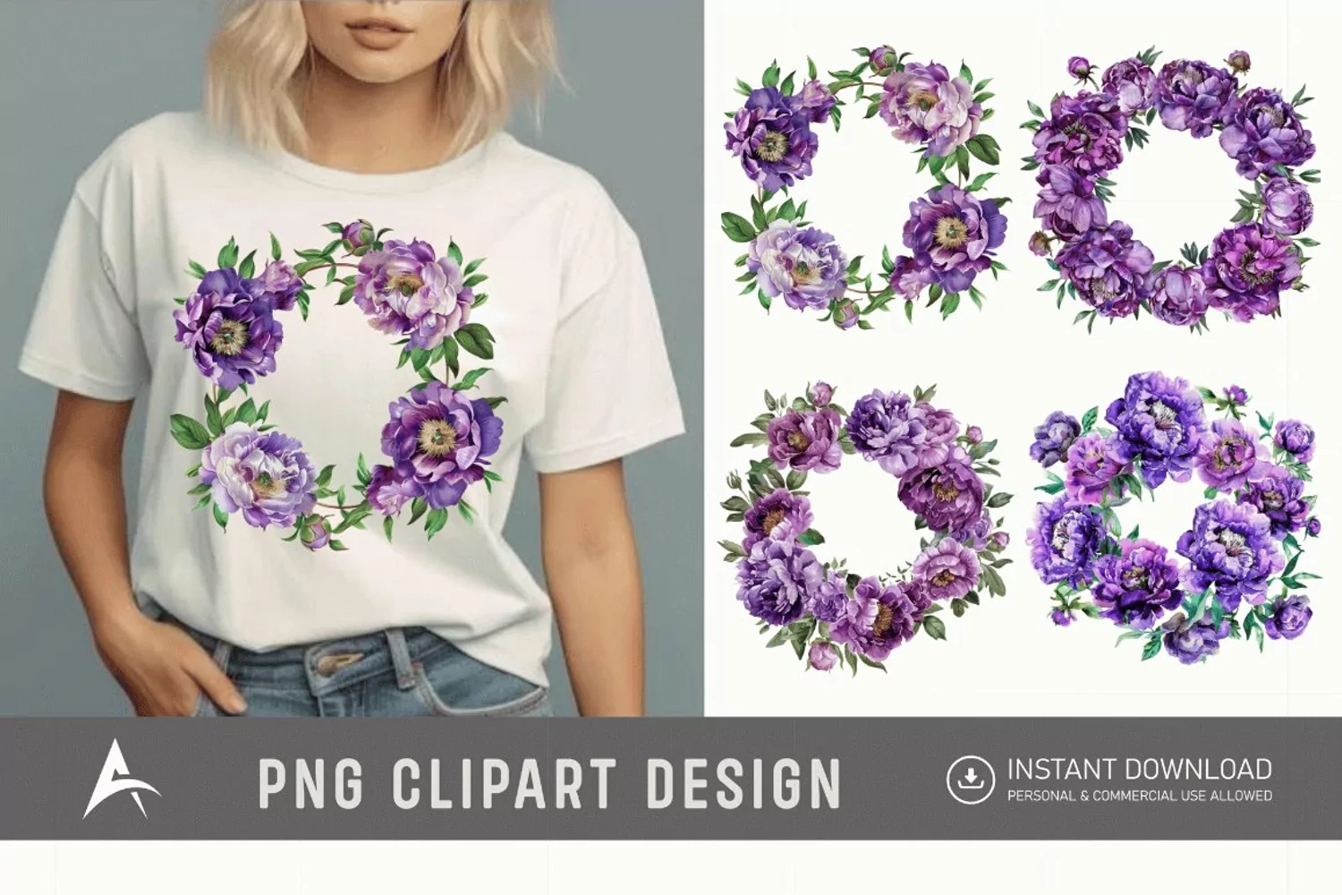 Watercolor Purple Peony Wreath Clipart product image 1