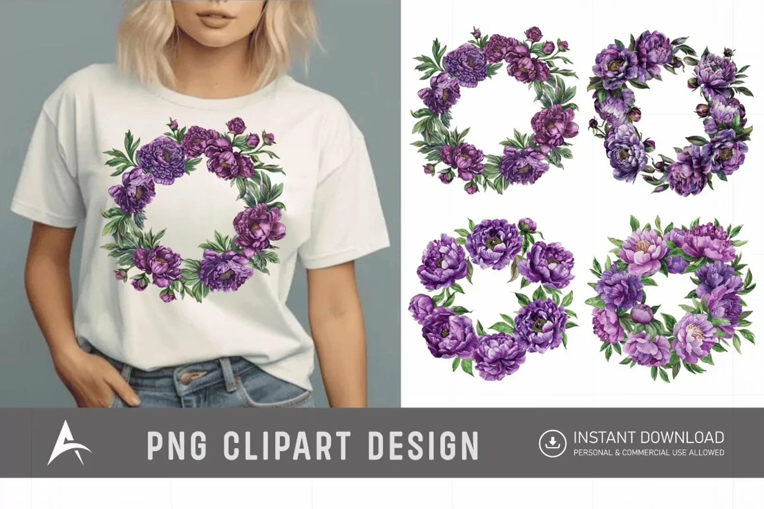 Watercolor Purple Peony Wreath Clipart product image 1