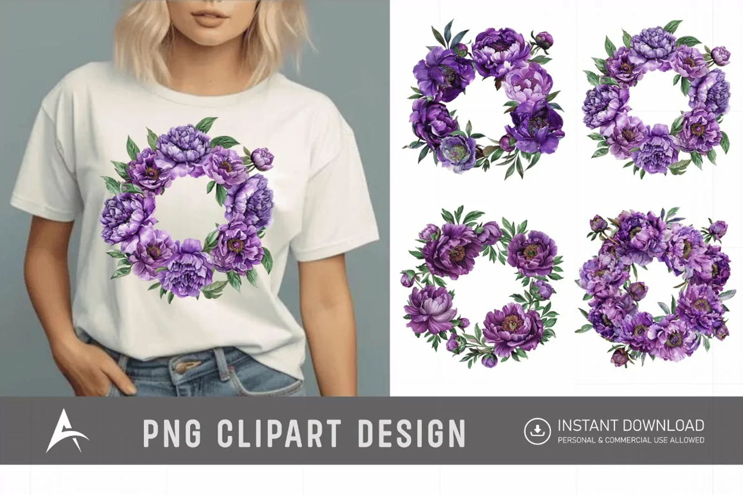Watercolor Purple Peony Wreath Clipart product image 1