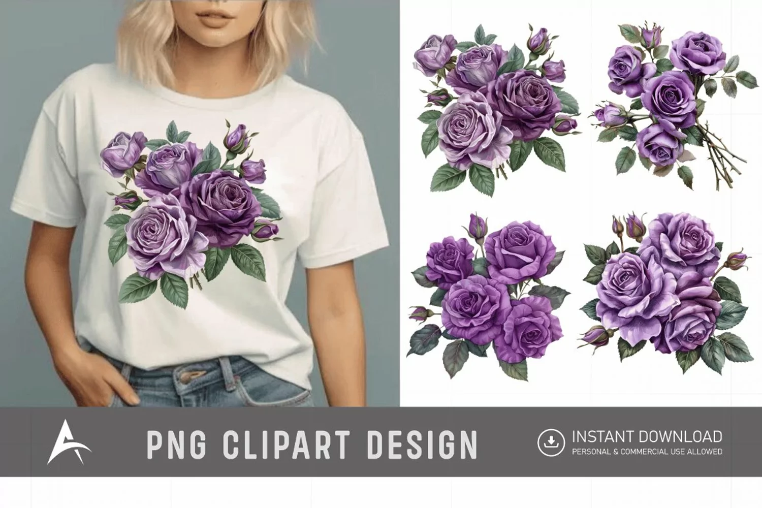 Watercolor Purple Rose Bouquet Clipart product image 1