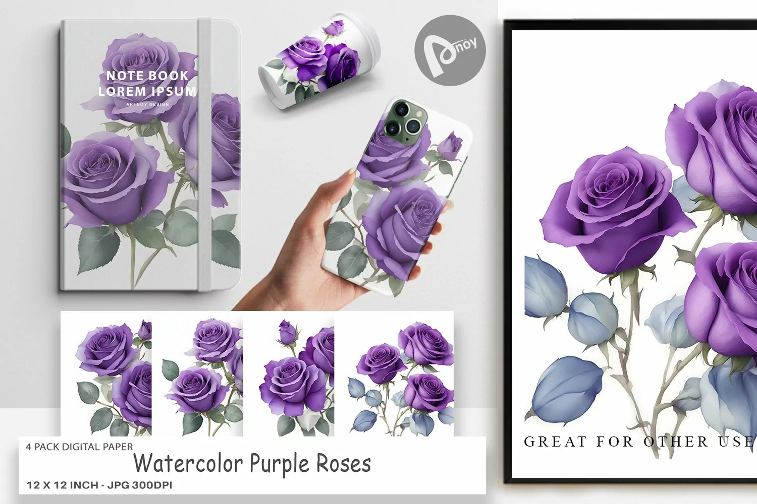 Digital Paper Watercolor Purple Roses product image 1