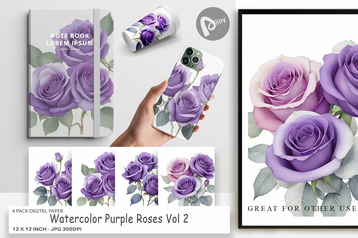 Digital Paper Watercolor Purple Roses product image 1