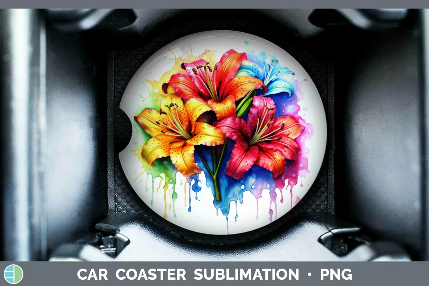 GorgeousWatercolor Rainbow Car Coaster design.