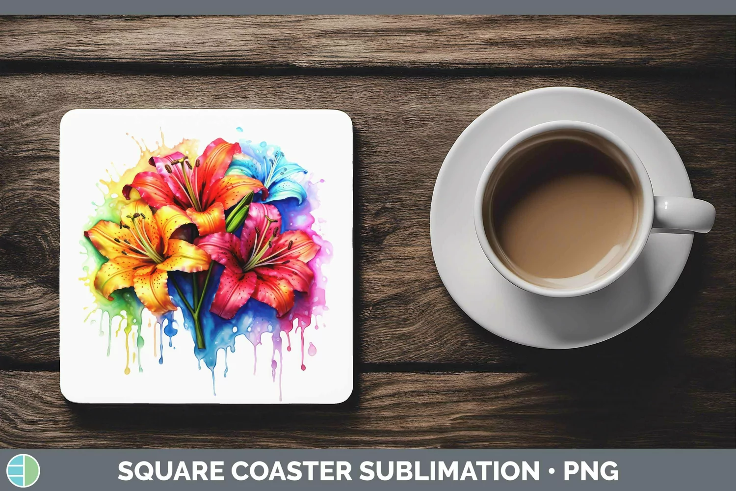 GorgeousWatercolor Rainbow Square Coaster design.