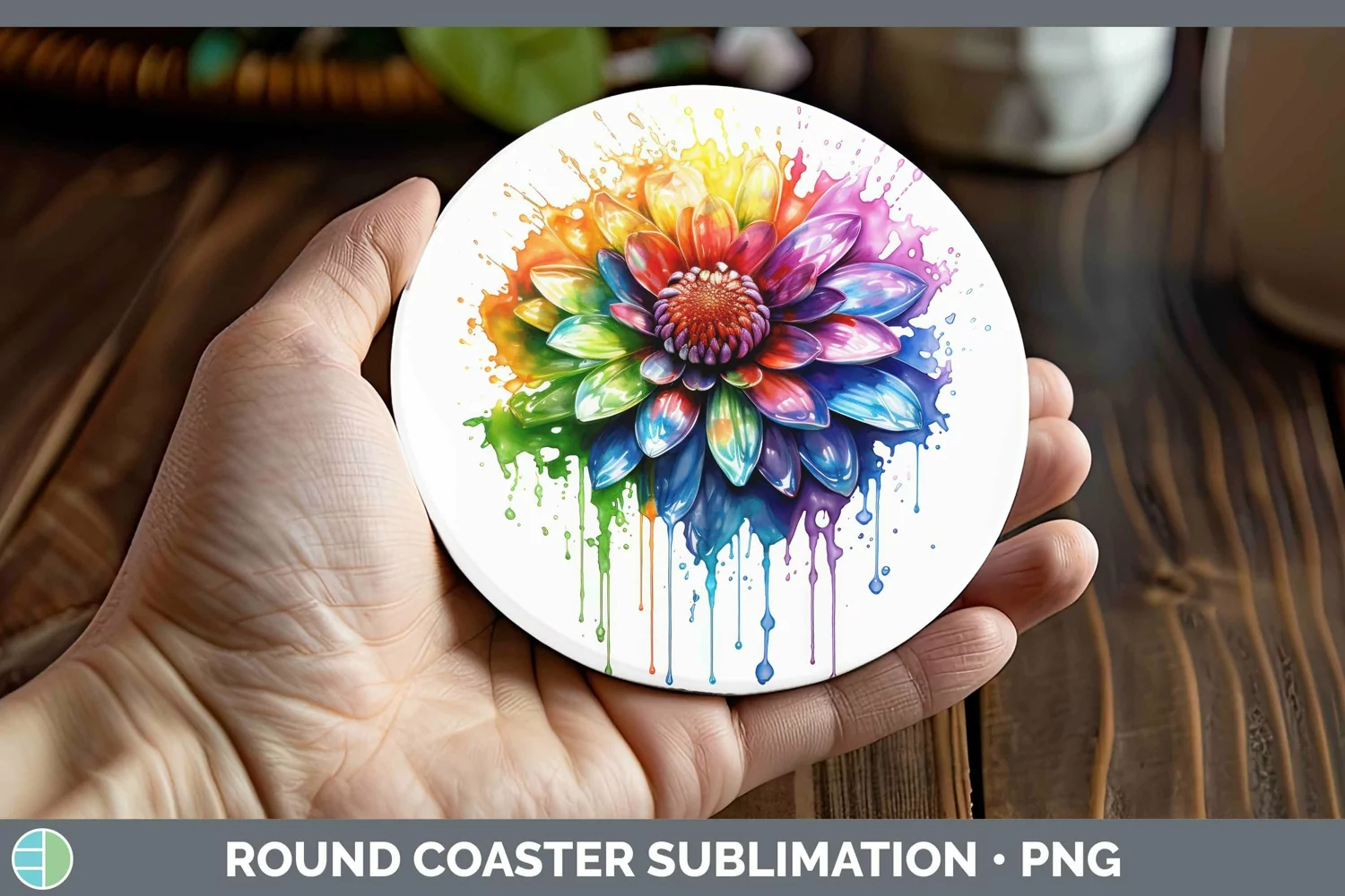 GorgeousWatercolor Rainbow Round Coaster design.