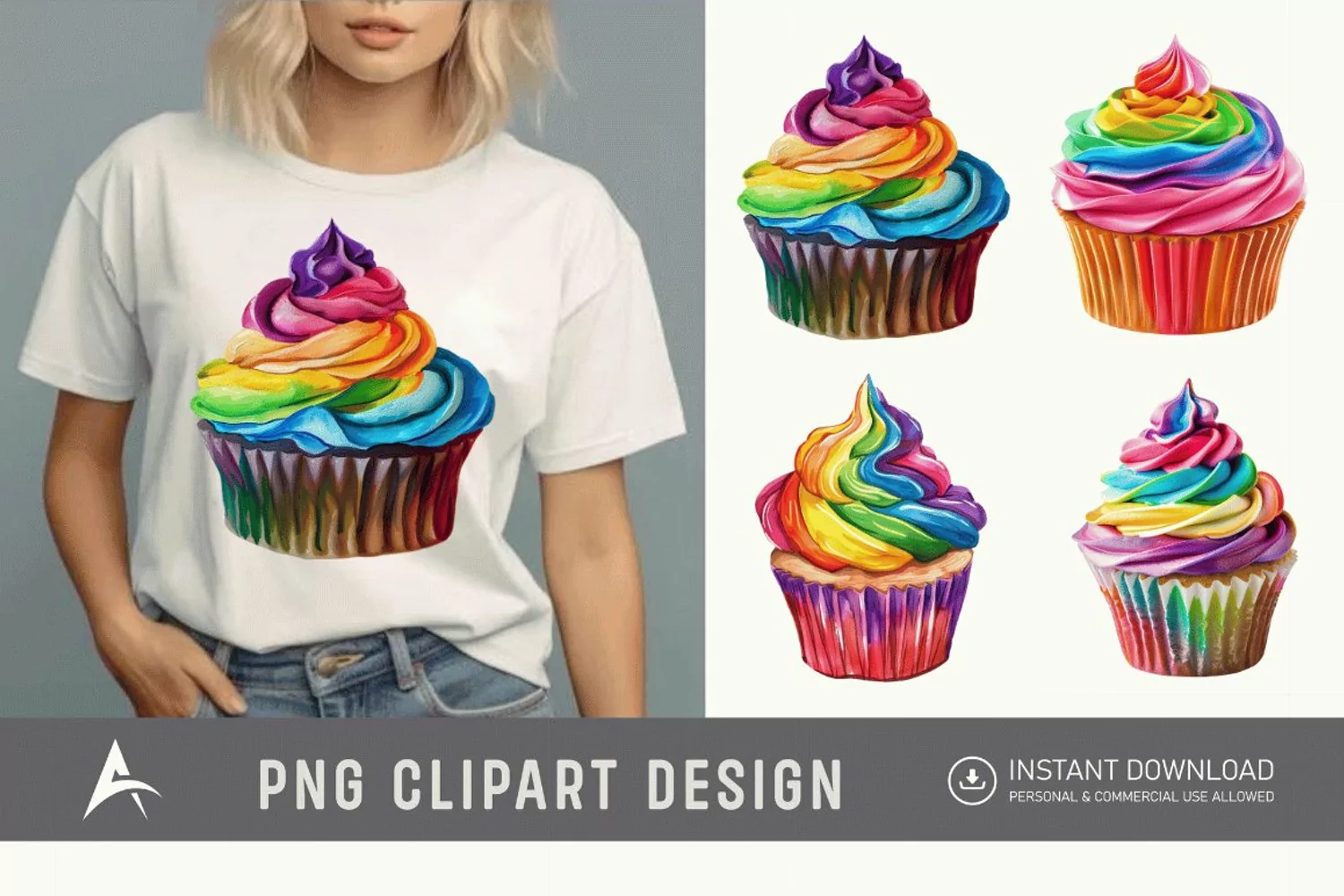 Watercolor Rainbow Cupcake Clipart product image 1