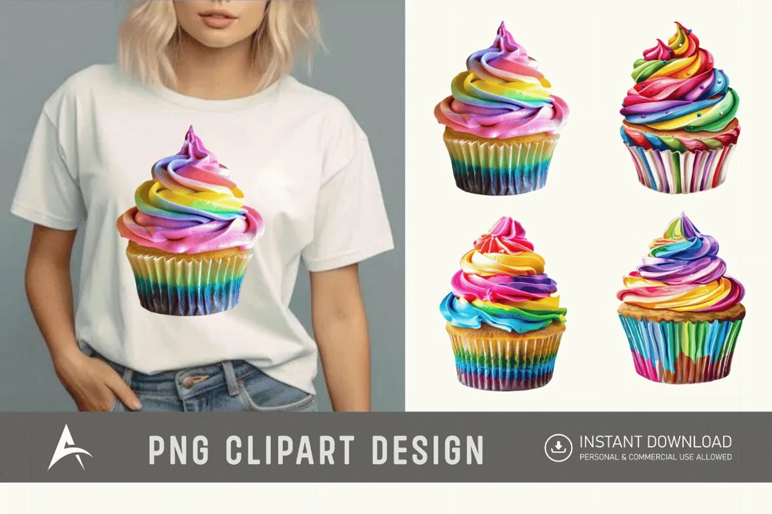 Watercolor Rainbow Cupcake Clipart product image 1