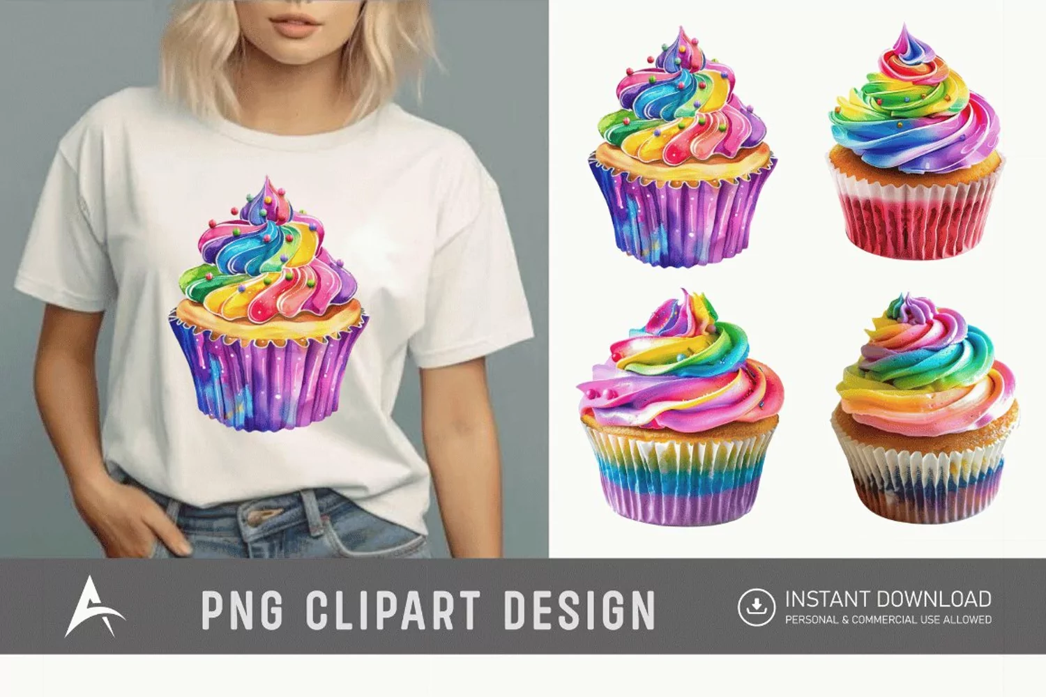 Watercolor Rainbow Cupcake Clipart product image 1