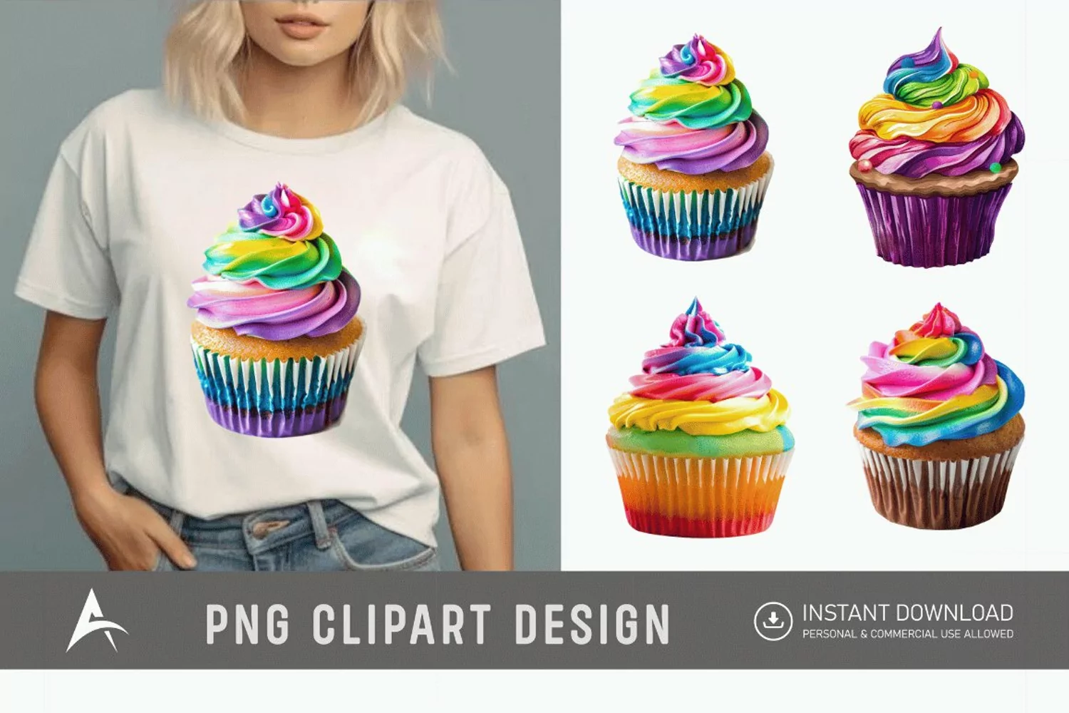 Watercolor Rainbow Cupcake Clipart product image 1