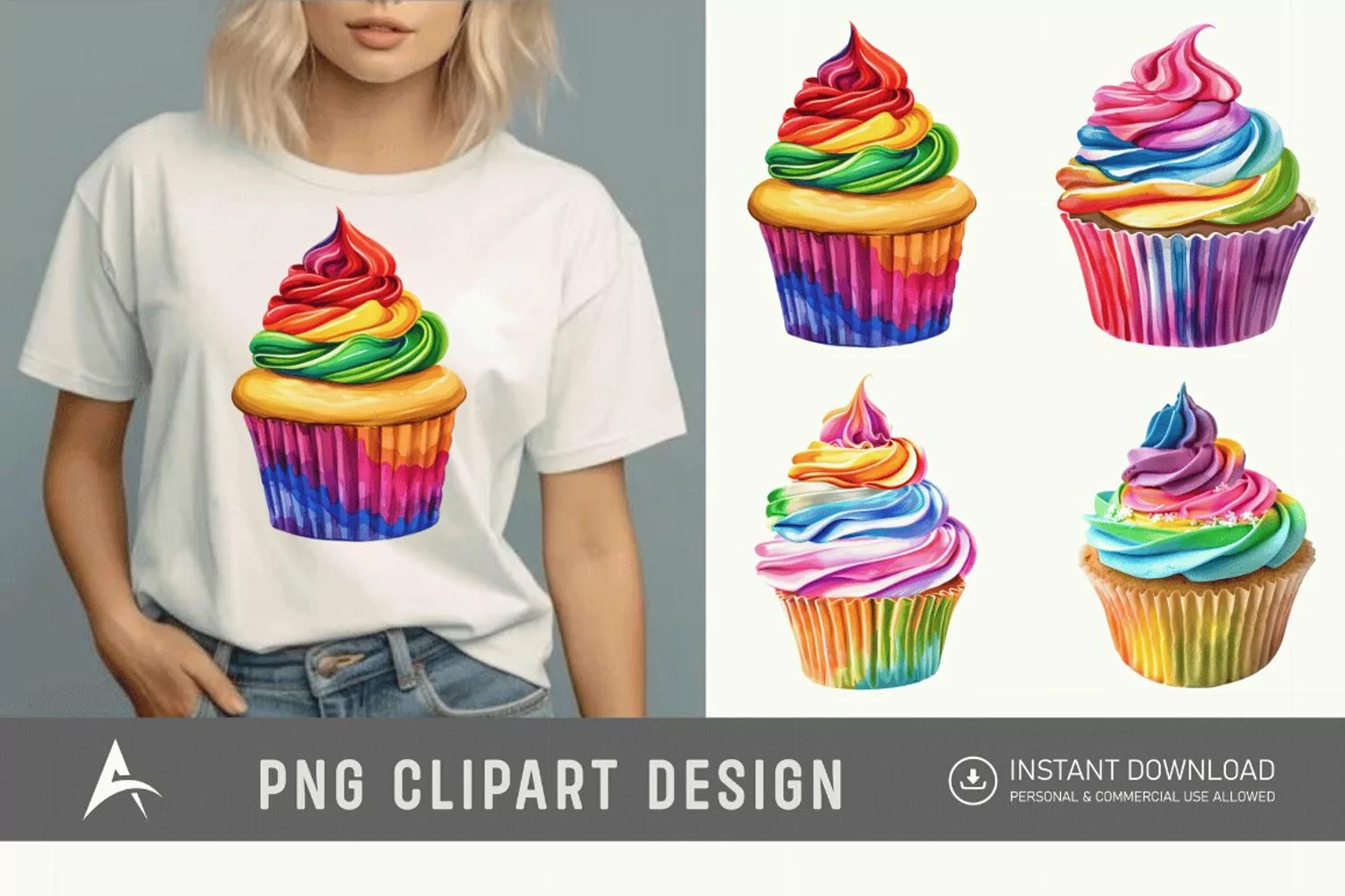 Watercolor Rainbow Cupcake Clipart product image 1
