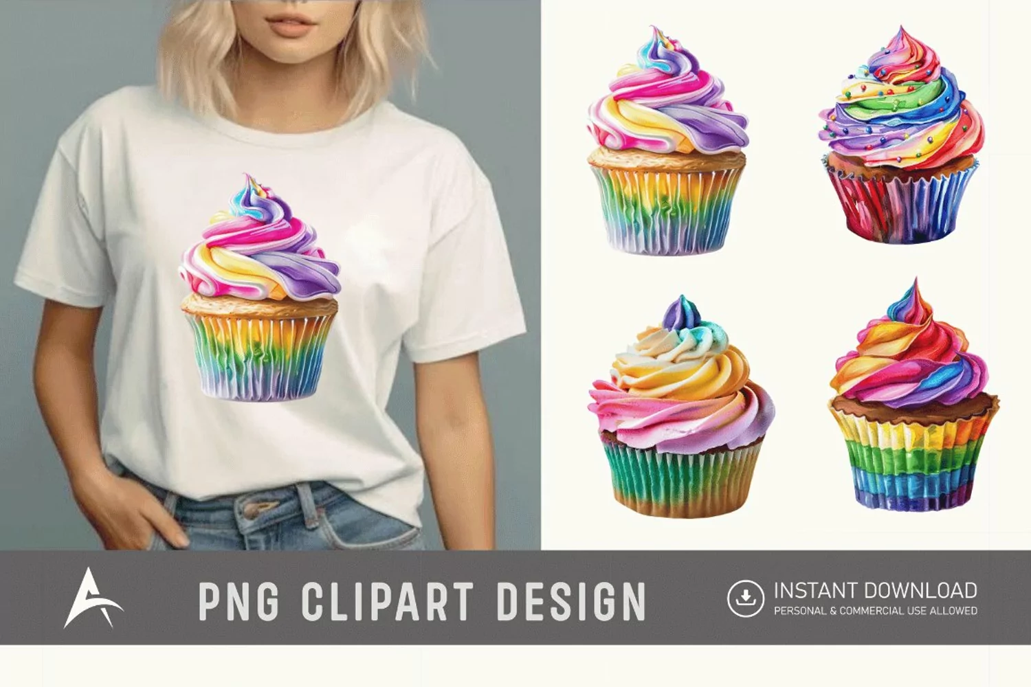 Watercolor Rainbow Cupcake Clipart product image 1