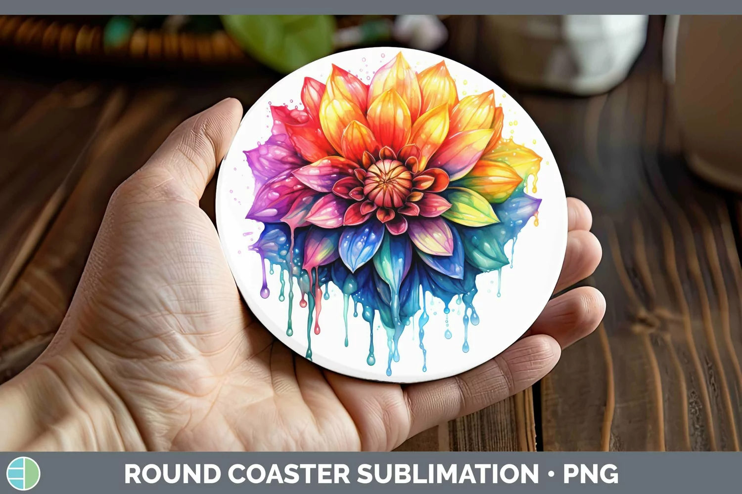 GorgeousWatercolor Rainbow Round Coaster design.