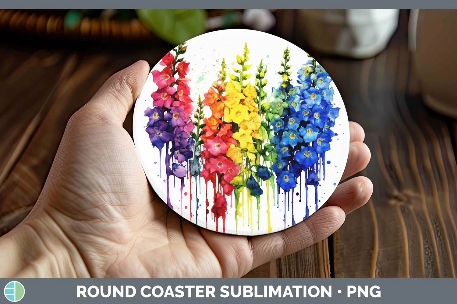 GorgeousWatercolor Rainbow Round Coaster design.