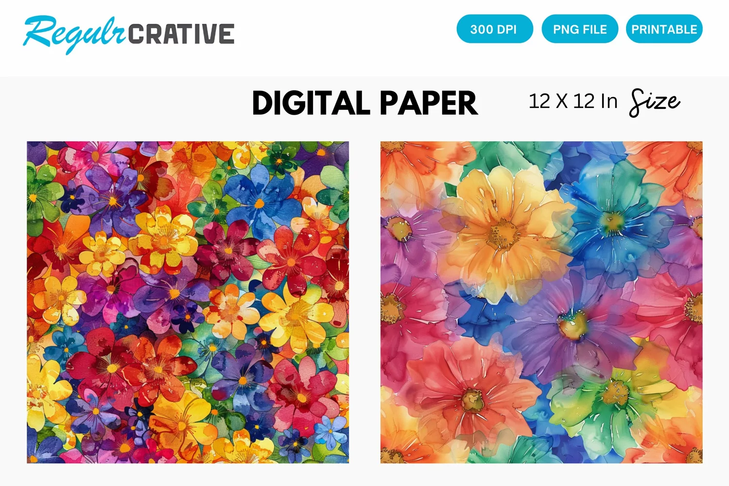 Watercolor Rainbow Flower Digital Paper, Flower Background product image 1