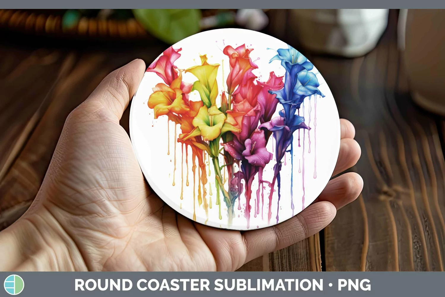GorgeousWatercolor Rainbow Round Coaster design.