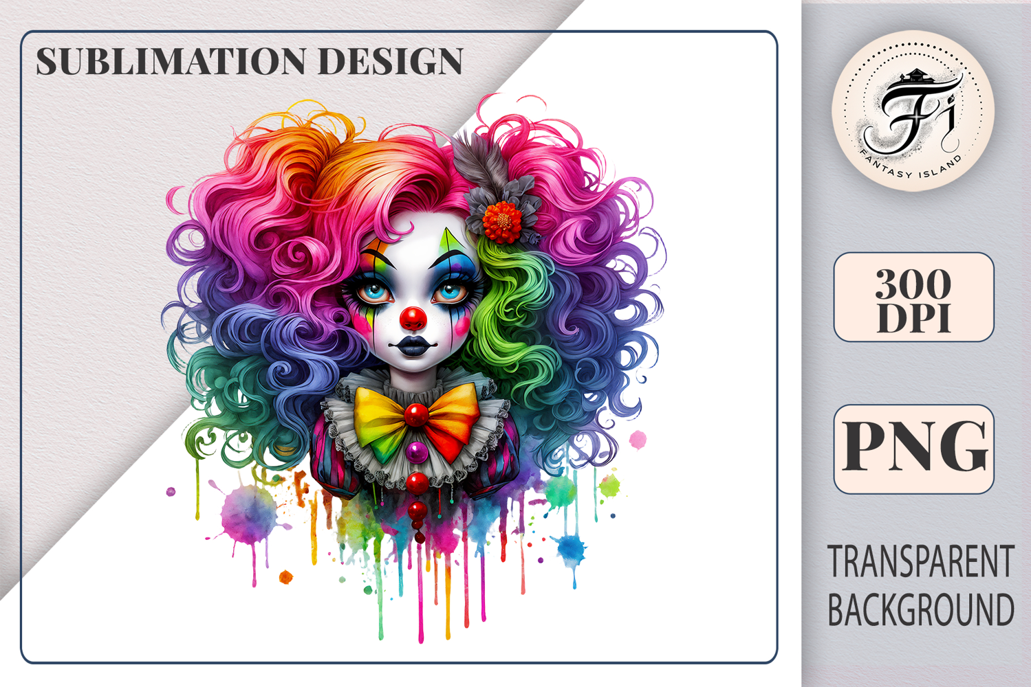 Watercolor clipart of a gothic clown girl with rainbow curls, pale face, red nose, and dramatic makeup. Artistic and spooky, perfect for Halloween or circus-themed projects.