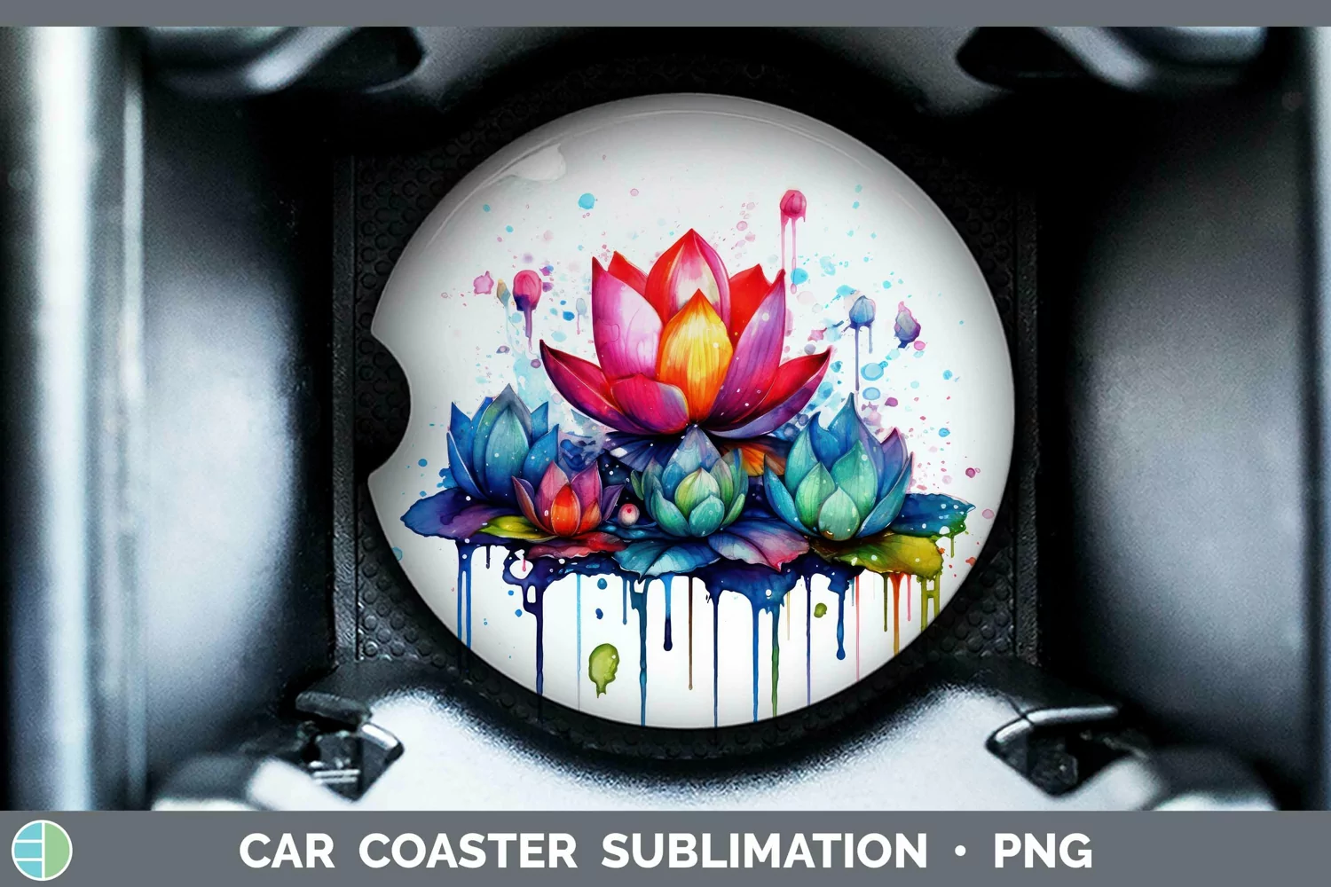 GorgeousWatercolor Rainbow Car Coaster design.