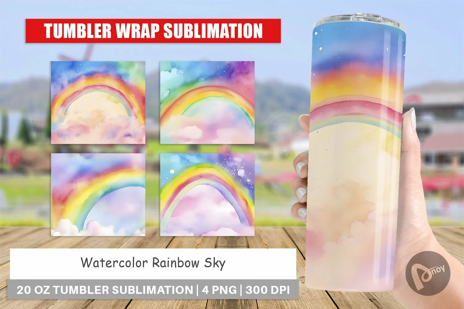 Tumbler Sublimation Wrap Watercolor Rainbow Sky product image 1