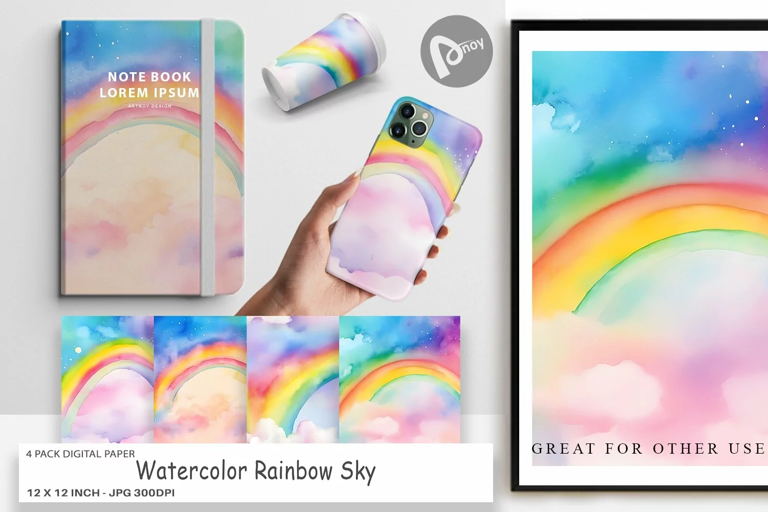 Digital Paper Watercolor Rainbow Sky product image 1