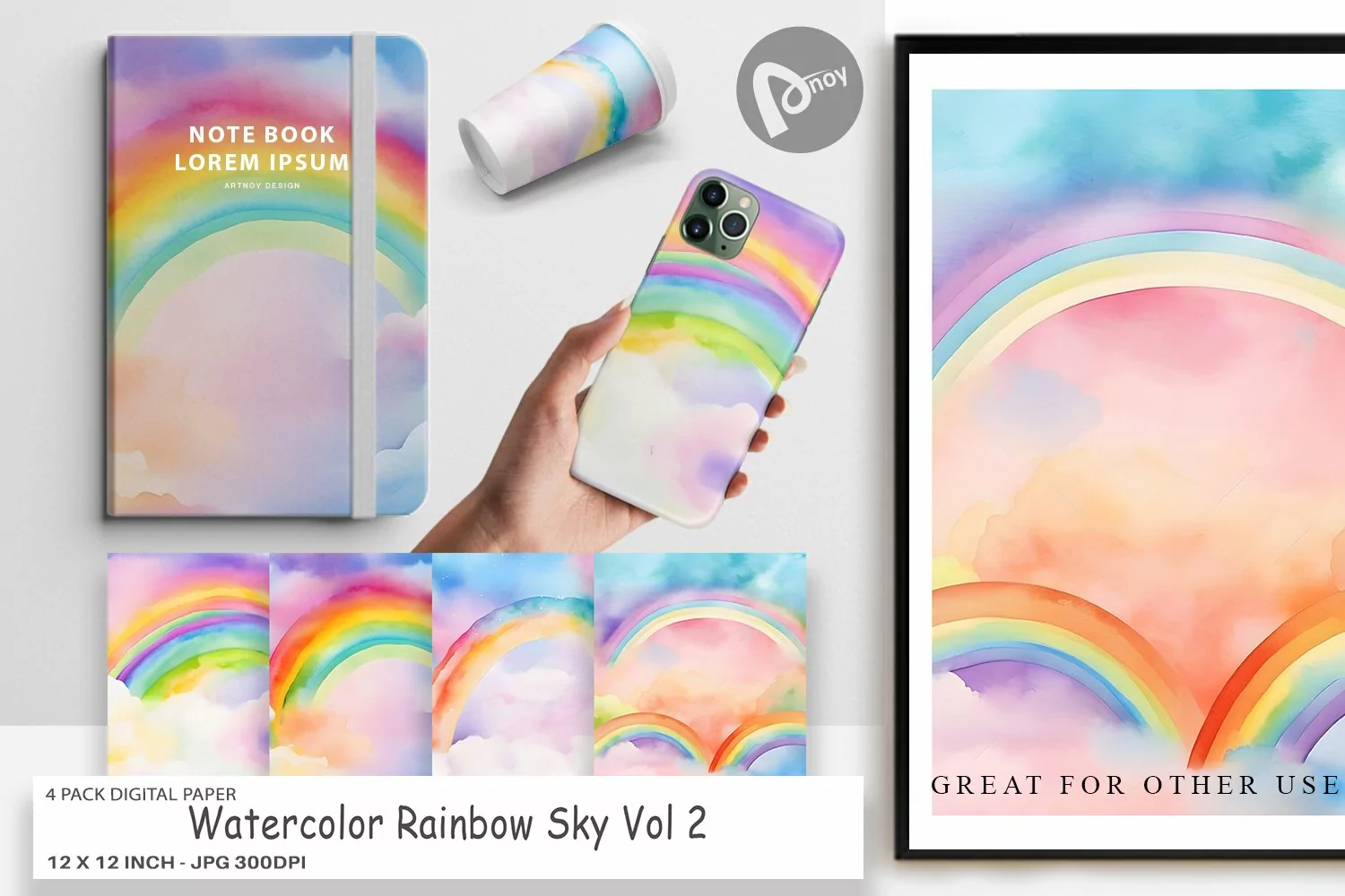 Digital Paper Watercolor Rainbow Sky product image 1
