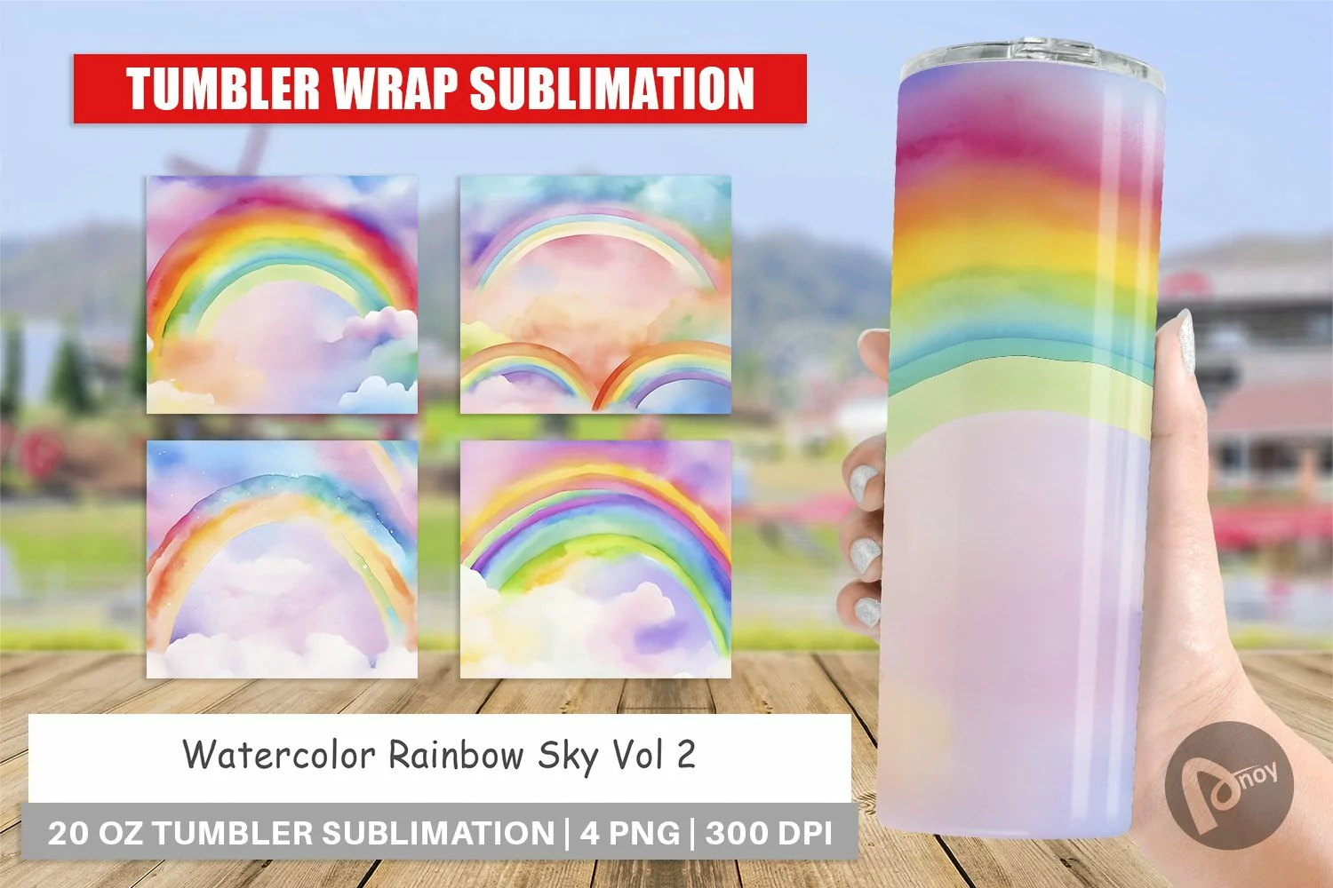 Tumbler Sublimation Wrap Watercolor Rainbow Sky product image 1