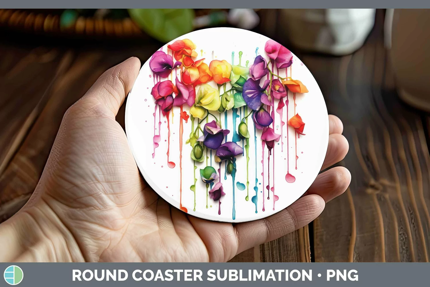 GorgeousWatercolor Rainbow Round Coaster design.