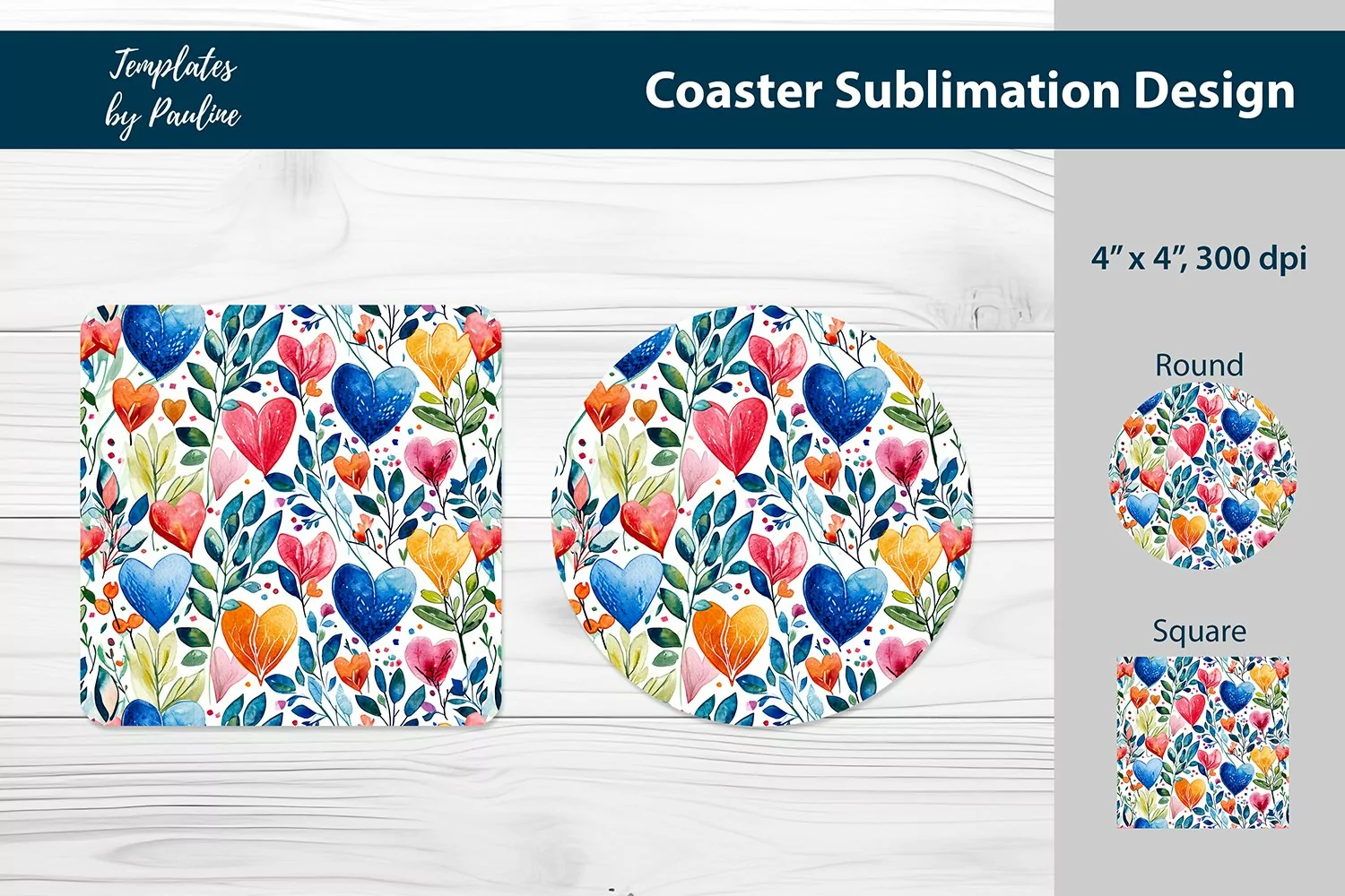 Watercolor Red Blue Heart Round Coaster Sublimation Design