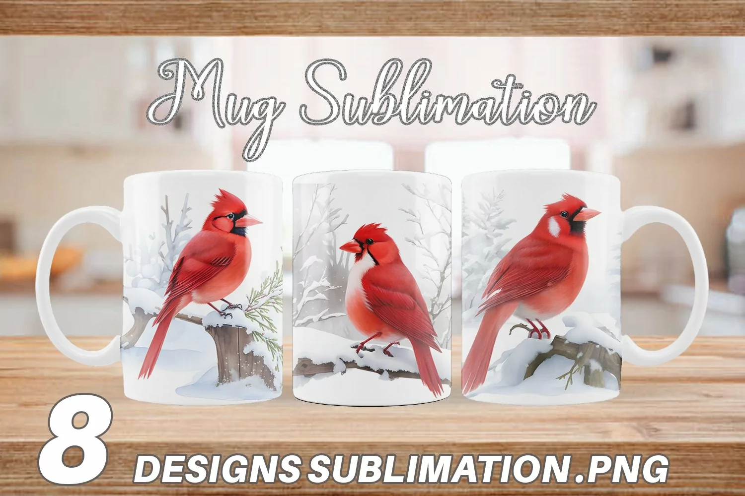 Watercolor Red Cardinal Bird | Mug sublimation design product image 1