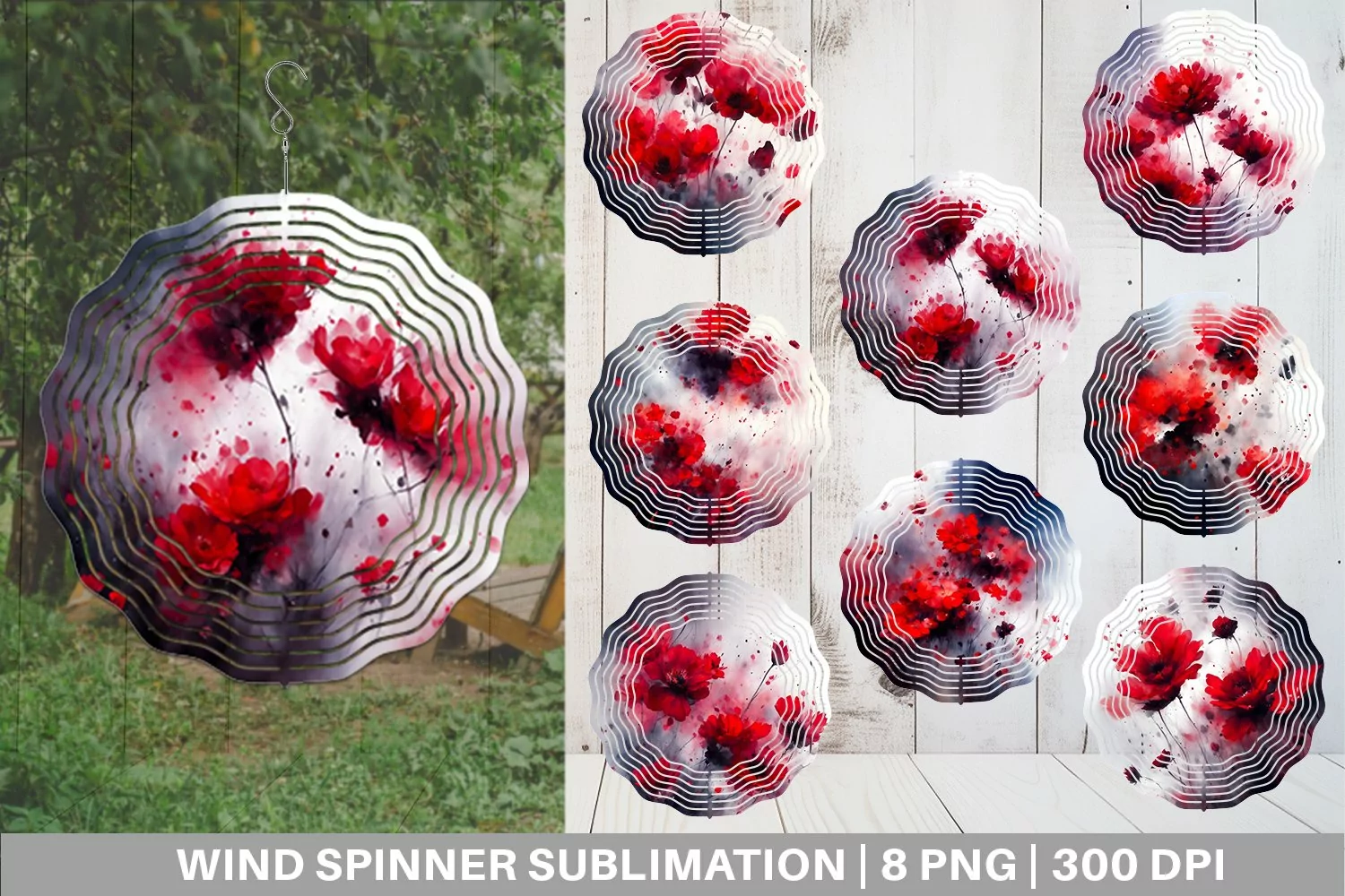 Watercolor Red Flowers Wind Spinner | Sublimation Spinner De product image 1