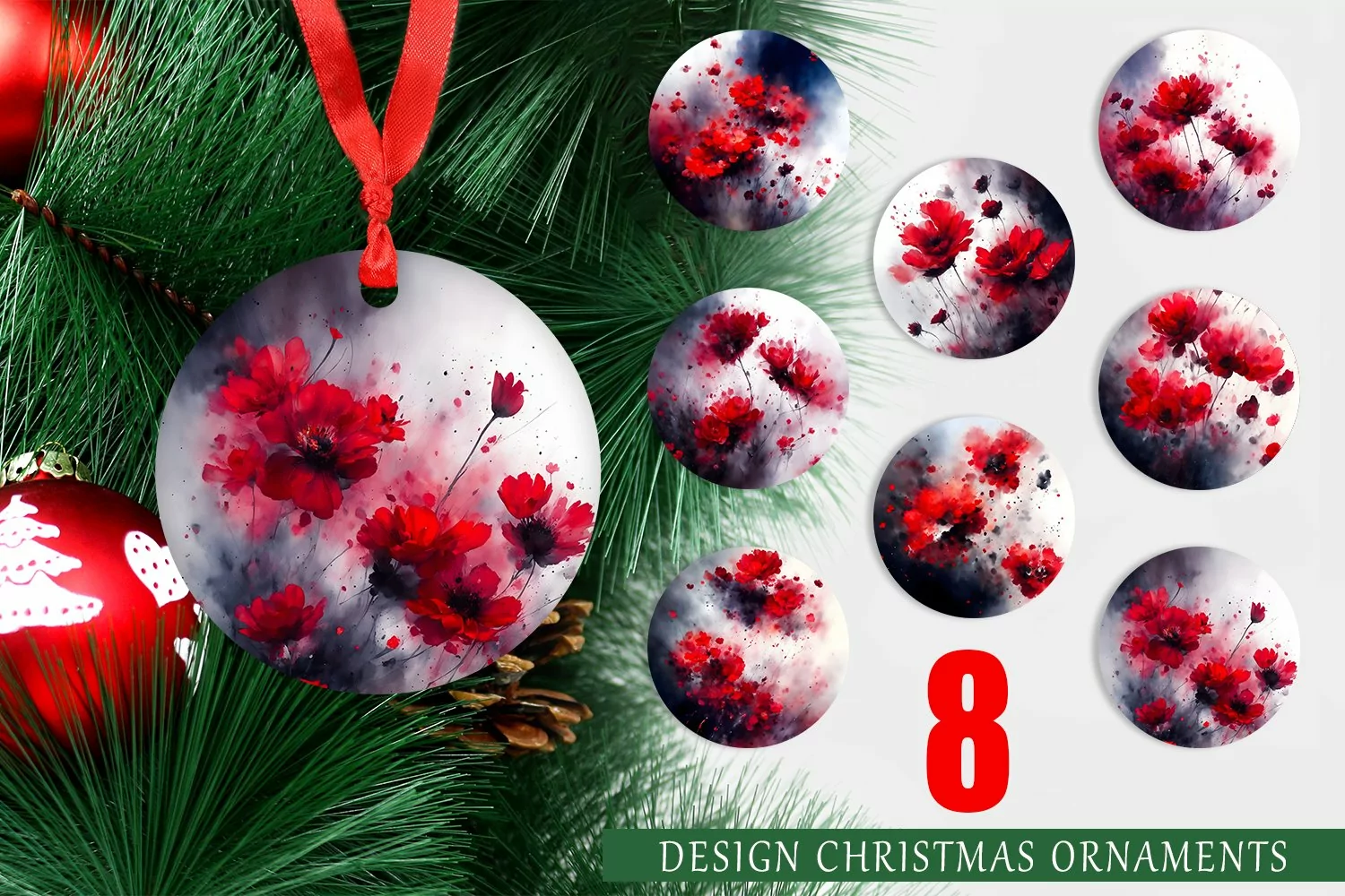 Watercolor Red Flowers Christmas Ornaments product image 1