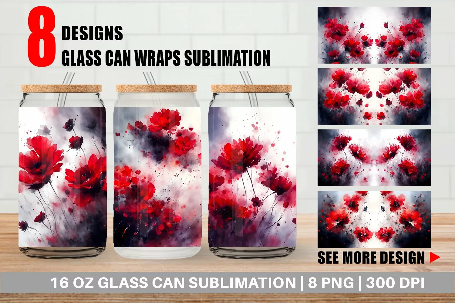 Glass Can Wraps Watercolor Red Flowers product image 1