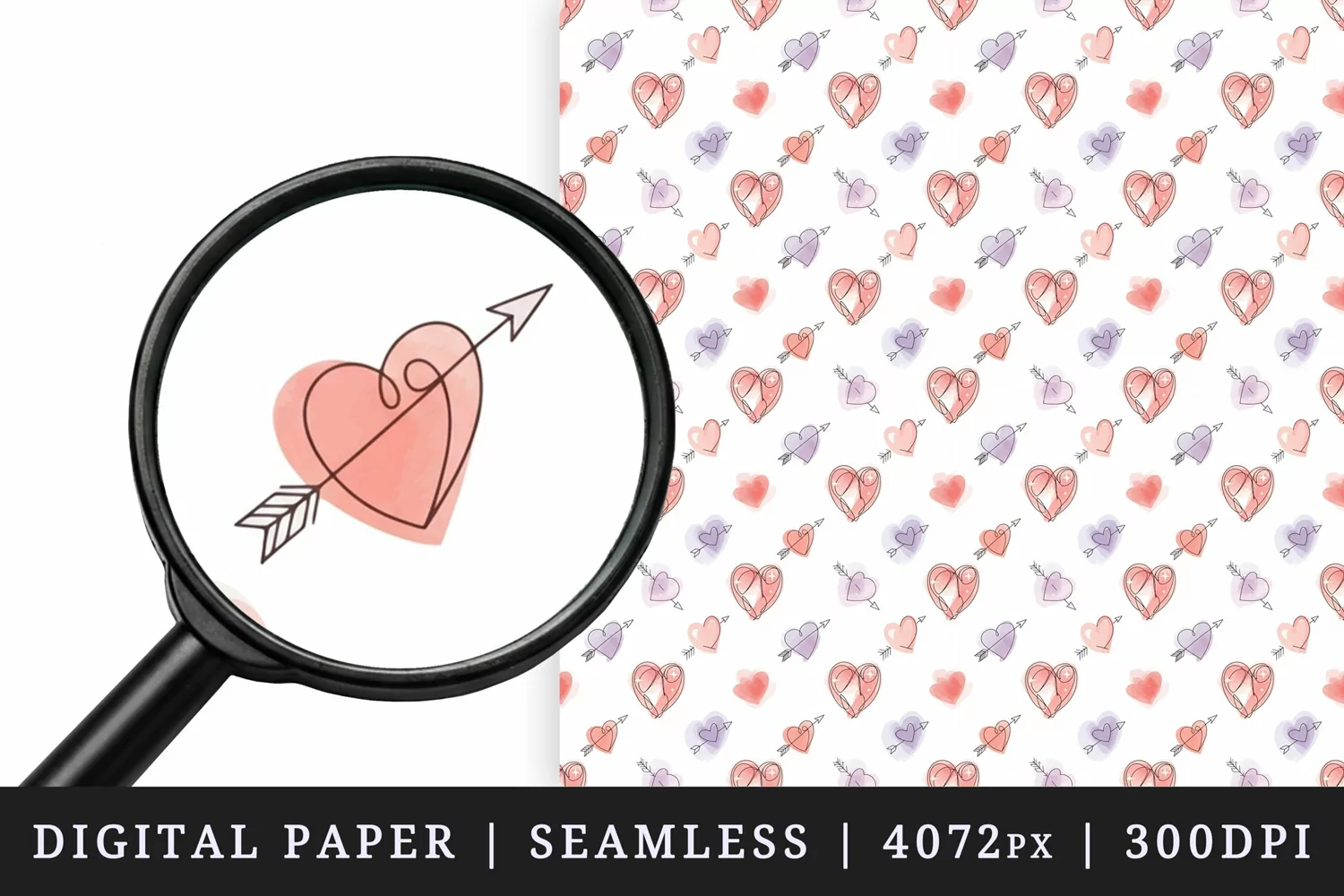 Watercolor red heart arrows sparkles white background Valentines Day love print textile digital paper seamless pattern printable sublimation design png