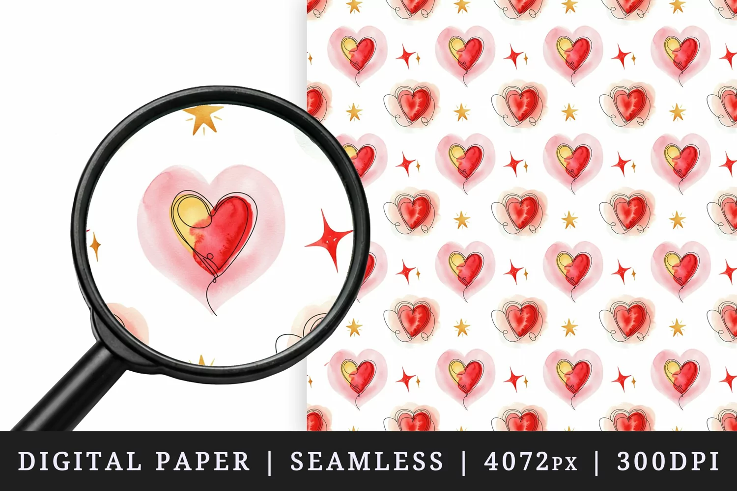 Watercolor red hearts stars sparkles white background Valentines Day love print textile digital paper seamless pattern printable sublimation design png