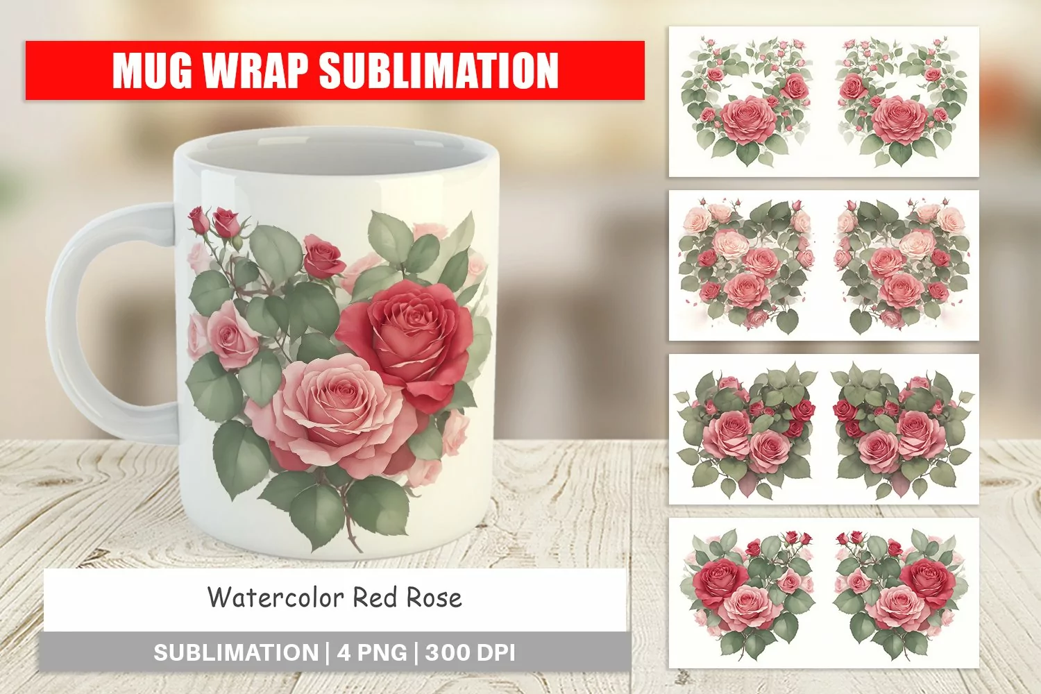 Mug sublimation design Watercolor Red Rose product image 1