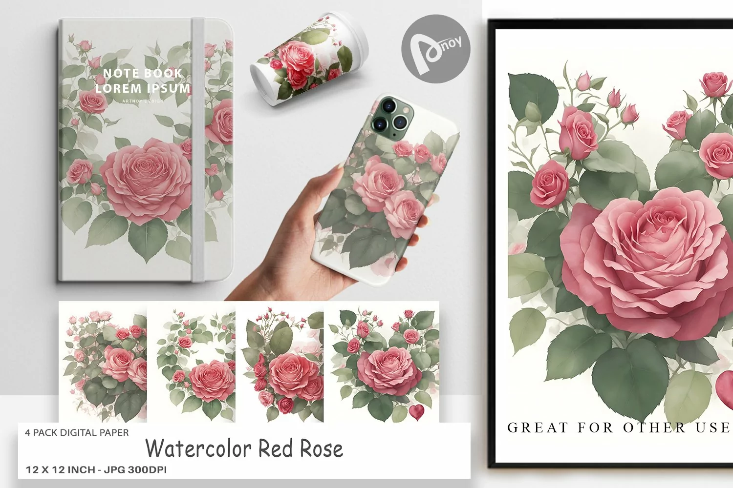 Digital Paper Watercolor Red Rose product image 1