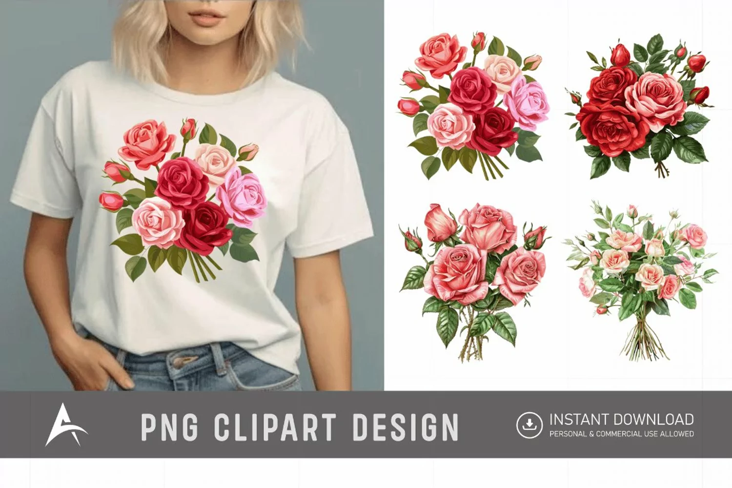 Watercolor Red Rose Bouquet Clipart product image 1