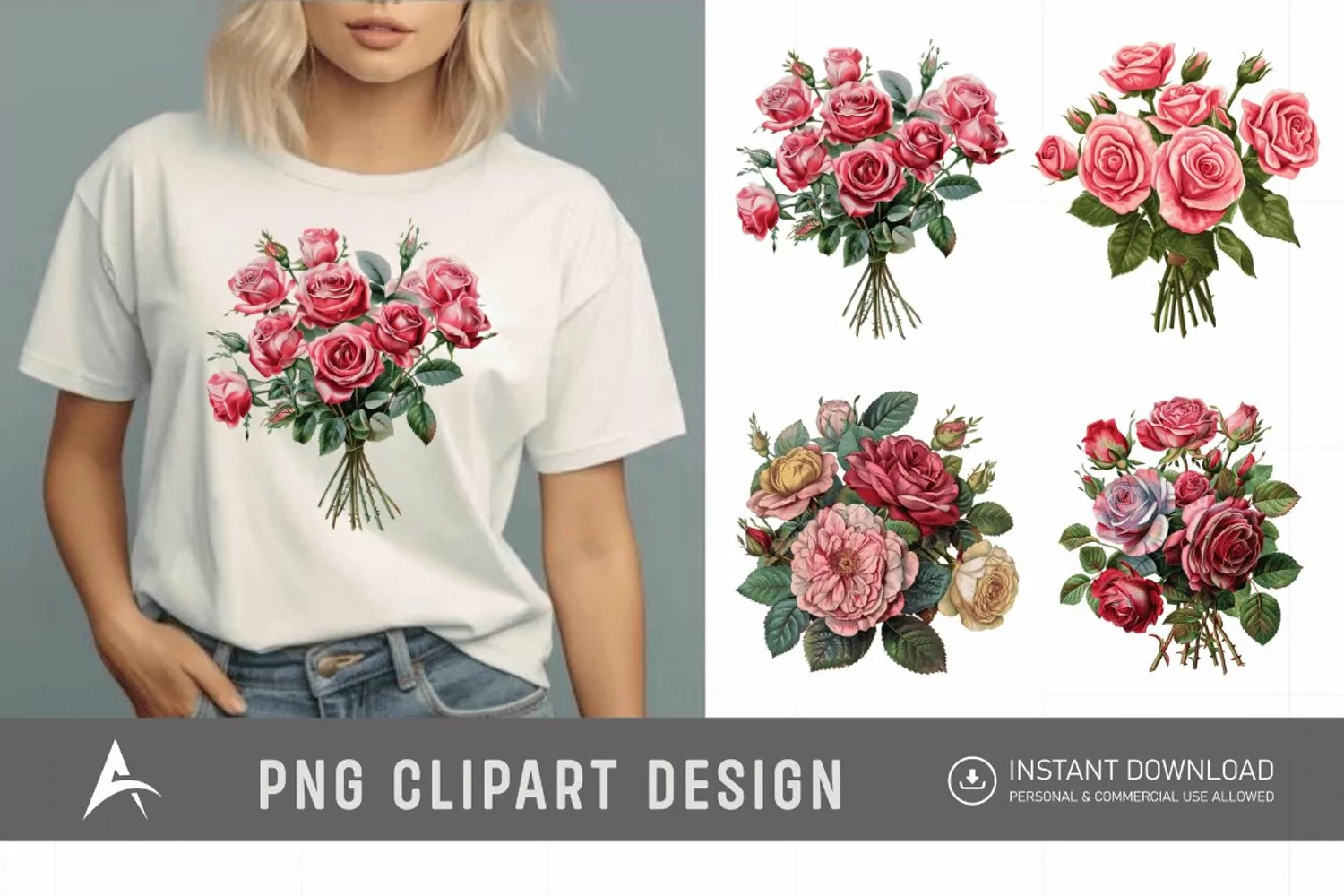 Watercolor Red Rose Bouquet Clipart product image 1