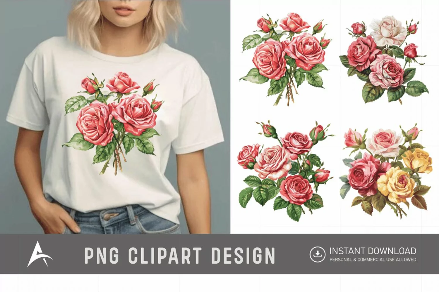 Watercolor Red Rose Bouquet Clipart product image 1