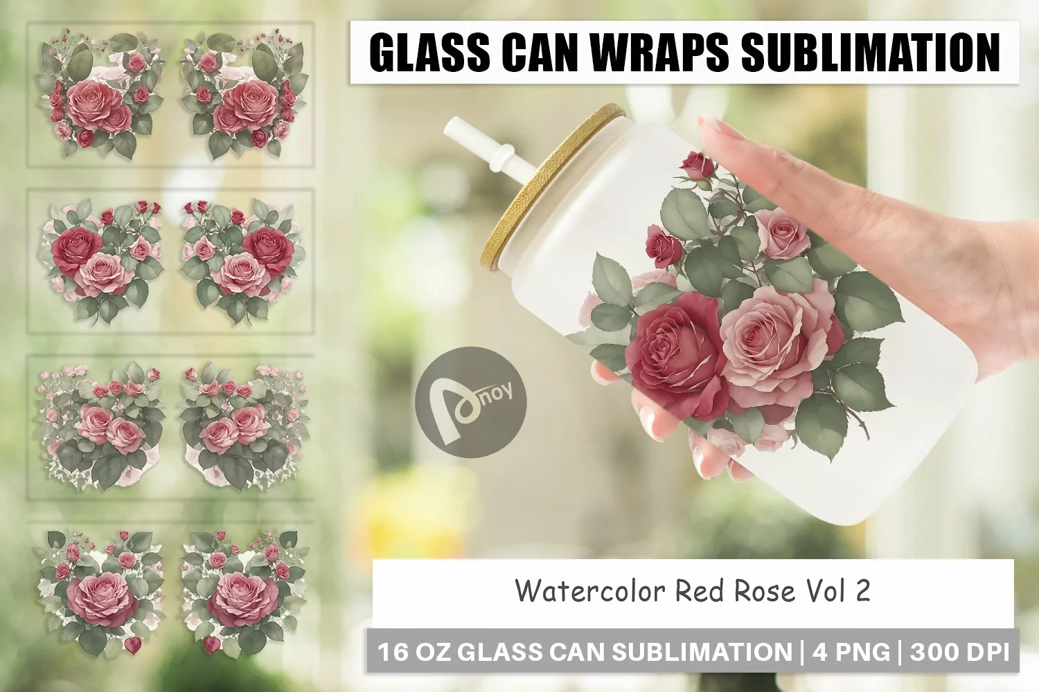 Glass Can Wraps Watercolor Red Rose product image 1