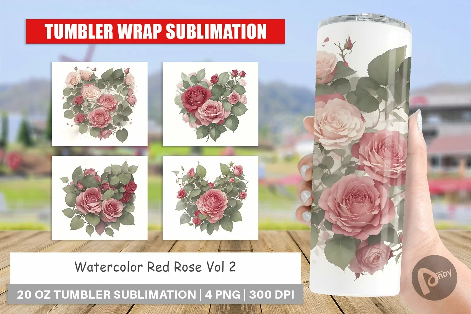 Tumbler Sublimation Wrap Watercolor Red Rose product image 1