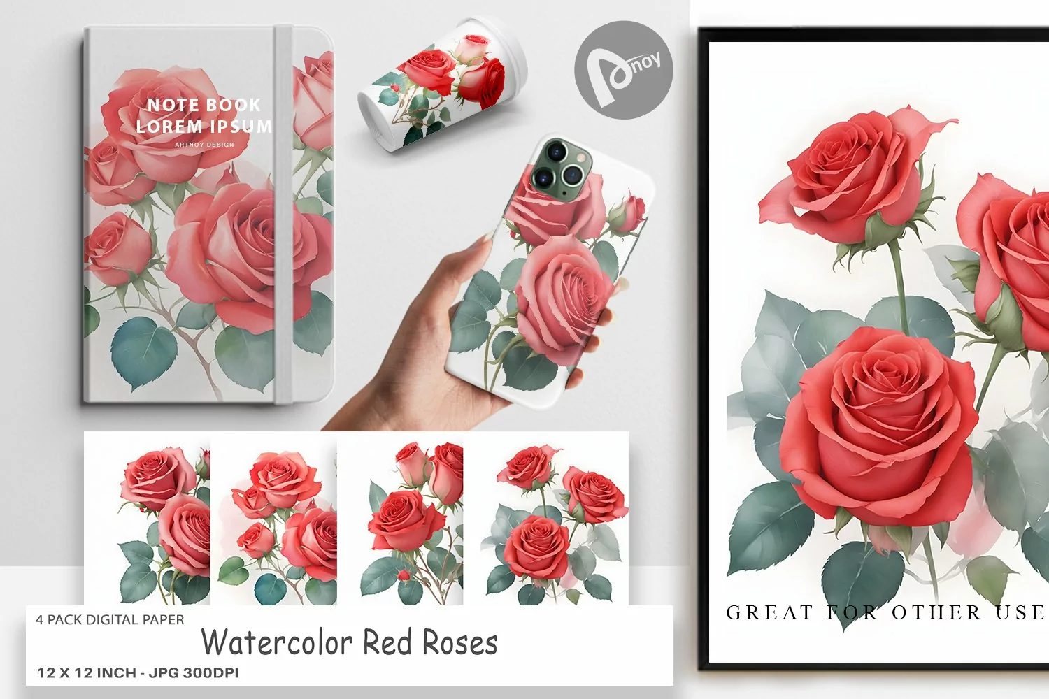 Digital Paper Watercolor Red Roses product image 1
