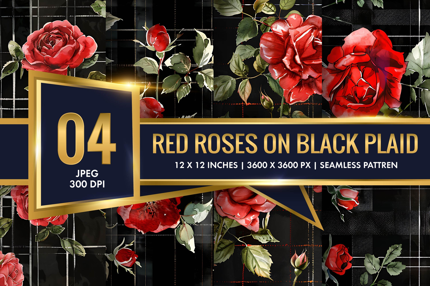 Watercolor Red Roses on Black Plaid Digital Paper product image 1