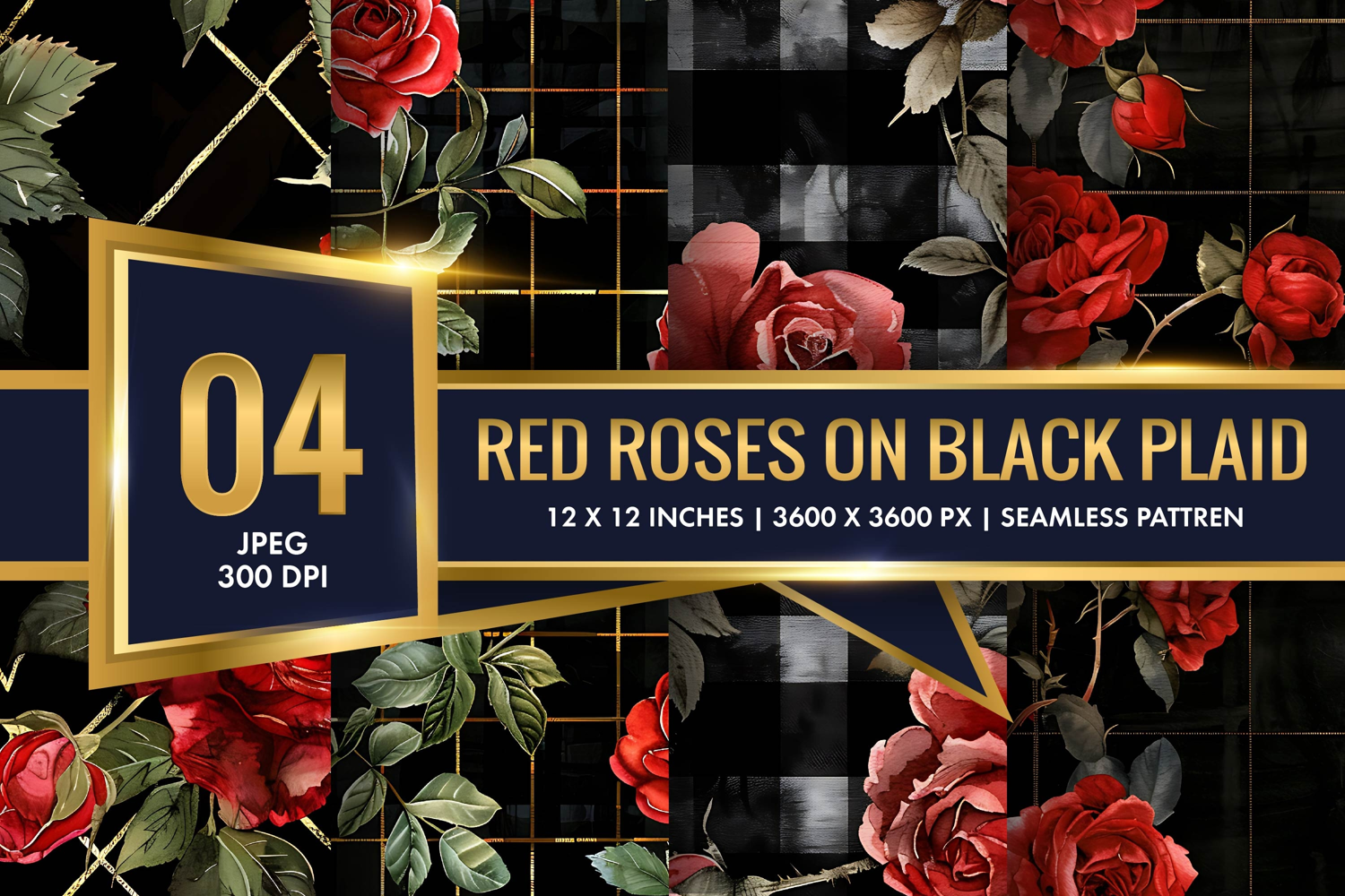 Watercolor Red Roses on Black Plaid Digital Paper product image 1