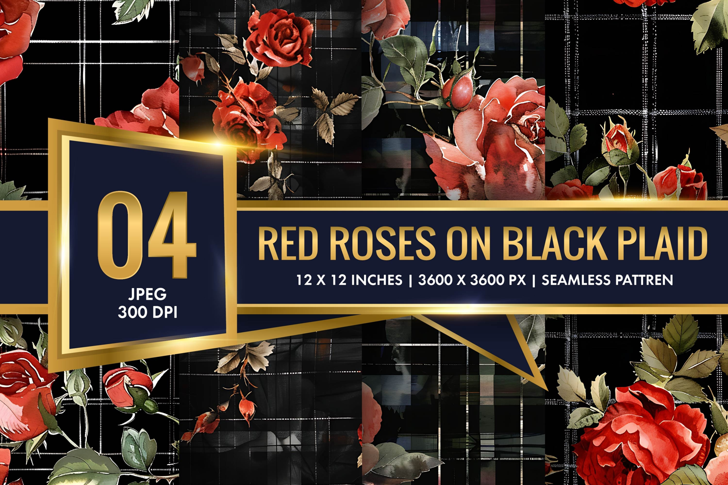 Watercolor Red Roses on Black Plaid Digital Paper product image 1