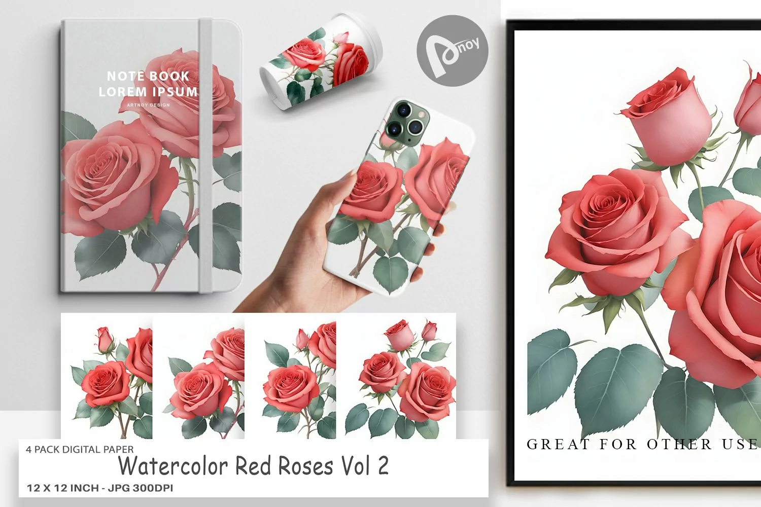 Digital Paper Watercolor Red Roses product image 1