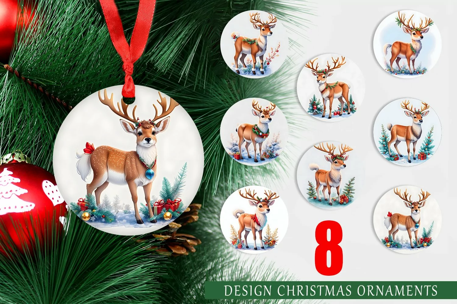 Christmas Ornaments Watercolor Reindeer product image 1